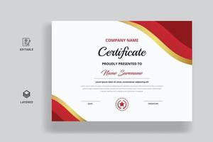Plantilla de certificado de color rojo y dorado con plantilla de vector de insignia