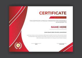 Plantilla de certificado con insignia y forma moderna de color rojo. vector