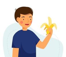 chico lindo sostiene un plátano. concepto de comida sana vector