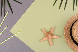 Beach accessories, glasses and hat with shells and sea stars on a colored background. Summer background photo