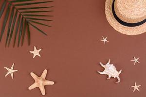 Beach accessories, glasses and hat with shells and sea stars on a colored background. Summer background photo