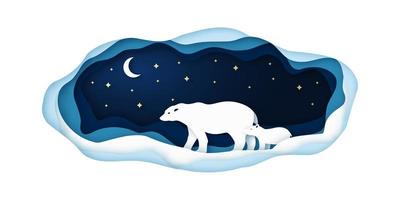 Paper illustration with polar bears at night in the north pole vector