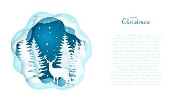 Greeting card with a Scandinavian deer in the forest. Paper art. Merry Christmas. vector