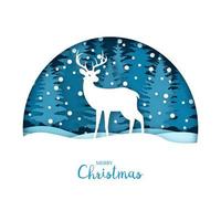 Merry Christmas card. White deer in the snow forest. Greeting card template in paper cut craft style. Origami concept. Vector illustration.