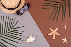 Beach accessories, glasses and hat with shells and sea stars on a colored background. Summer background photo