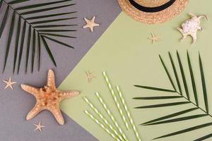 Beach accessories, glasses and hat with shells and sea stars on a colored background. Summer background photo