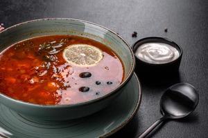 deliciosa sopa caliente fresca con tomate y carne en un plato de cerámica. sopa de mezcolanza