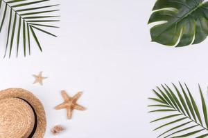 Beach accessories, glasses and hat with shells and sea stars on a colored background photo