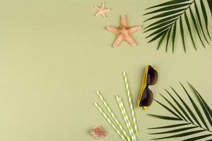 Beach accessories, glasses and hat with shells and sea stars on a colored background photo