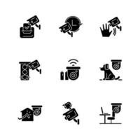 Surveillance camera usage black glyph icons set on white space vector