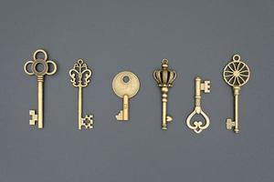 Set of decorative gilded and aged keys photo