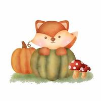 Watercolor Autumn fox and pumpkin vector