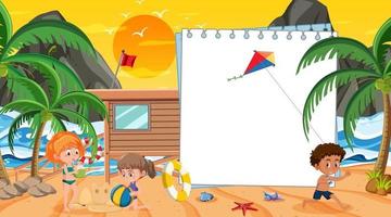 Empty banner template with kids on vacation at the beach sunset scene vector