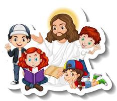 Jesucristo con el grupo de niños pegatina sobre fondo blanco. vector