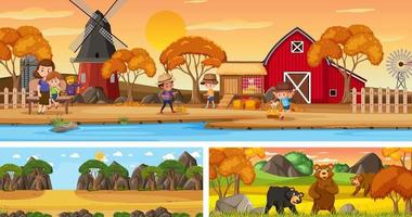 Outdoor panoramic landscape scenes set with cartoon character vector