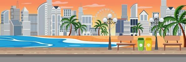 Beach at sunset scene with cityscape horizontal background vector