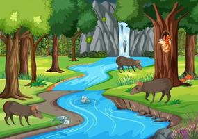 Nature scene with stream flowing through the forest with wild animals vector