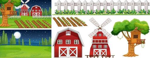 Farm element set isolated with farm scene vector