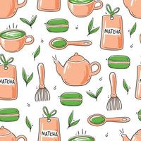 patrón sin fisuras de elementos de té matcha dibujados a mano. vector