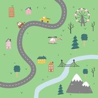 Kids city map of transport and road. Vector illustration.