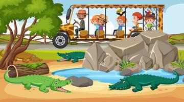 Safari scene with children tourists watching alligator group vector