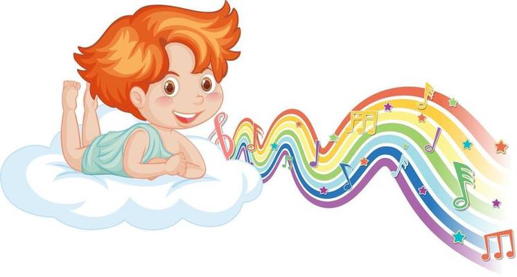 Cupid boy laying on the cloud with melody symbols on rainbow wave