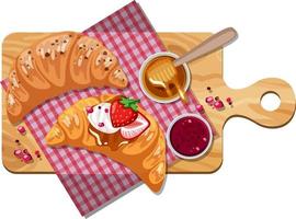 Croissant with strawberry jam and honey on a wooden tray isolated vector