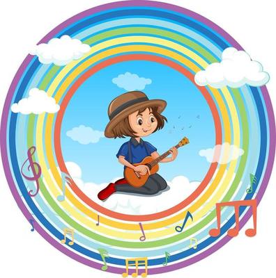 Happy girl playing guitar in rainbow round frame with melody symbol