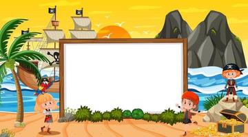 Plantilla de banner vacío con niños piratas en la escena del atardecer en la playa vector