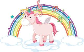 unicornio de pie en la nube con arco iris y símbolo de melodía vector