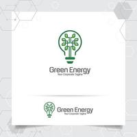 concepto de diseño de bombilla de energía de logotipo verde de vector de hojas e icono de lámpara.