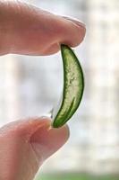 Close-up of a piece of aloe plant with gel inside. Alternative medicine. Collection of aloe juice, for the treatment of skin diseases. photo