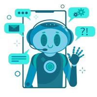 sonriente robot de personaje de chat bot que ayuda a resolver un problema. vector