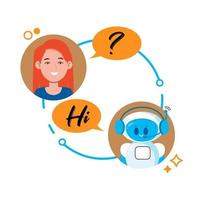 Chatbot concept. Woman chatting with cute robot chat bot. vector