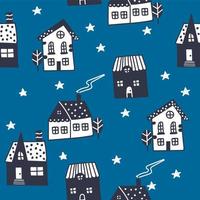 Night illustration with houses. Scandinavian style. Seamless vector