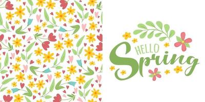 spring floral hand drawn seamless pattern, lettering  Hello Spring vector