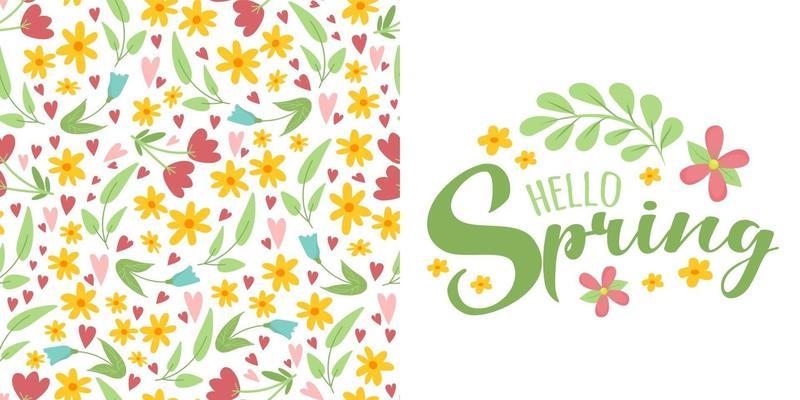 spring floral hand drawn seamless pattern, lettering  Hello Spring