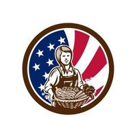 organic farmer female with harvest USA Flag mascot retro vector