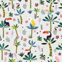 Cute bird in botanical tropical forest seamless pattern. vector