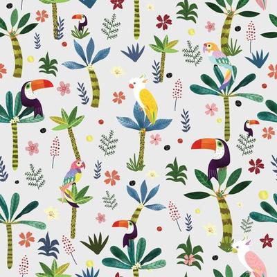 Cute bird in botanical tropical forest seamless pattern.