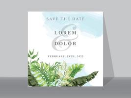 Wedding invitation cards with greenery tropical leaves vector