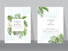 Wedding invitation cards with greenery tropical leaves vector