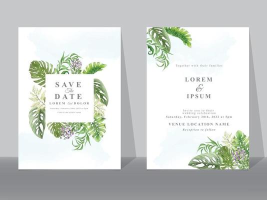 Wedding invitation cards with greenery tropical leaves