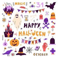 Bright set with characters and icons for Halloween vector