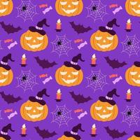 Pumpkin in a hat with cobwebs, bats and sweets vector