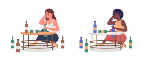 Mujer con alcoholismo conjunto de caracteres vectoriales de color semi plano vector