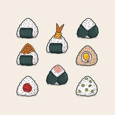 set of onigiri japanese rice ball various taste. Vector illustration