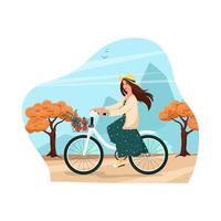 Chica en un vestido monta una bicicleta paisaje otoñal ilustración vectorial vector