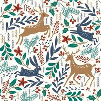 Seamless pattern with deer and rabbit. Winter background. Vector