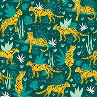 Seamless pattern with leopards and tropical leaves. Vector